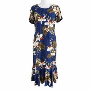 TWO PALMS NAVY HAWAIIAN FLORAL SHORT SLEEVE TRUMPET RUFFLE MAXI DRESS - S